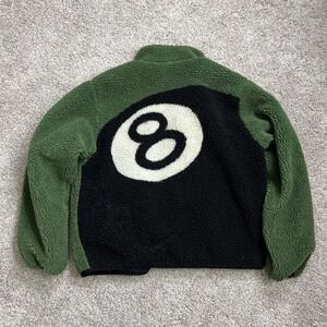 Stussy 8 Ball Deep Pile Green Reversible Fleece Jacket Medium RARE! Skater Y2K